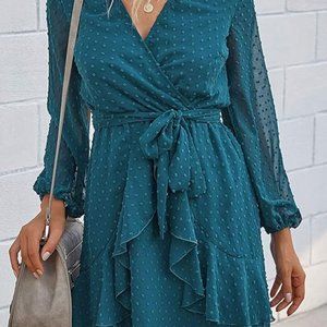 BTFBM Women Long Sleeve Dresses Faux Wrap Sexy V-Neck Swiss Dot Print Vintage A-